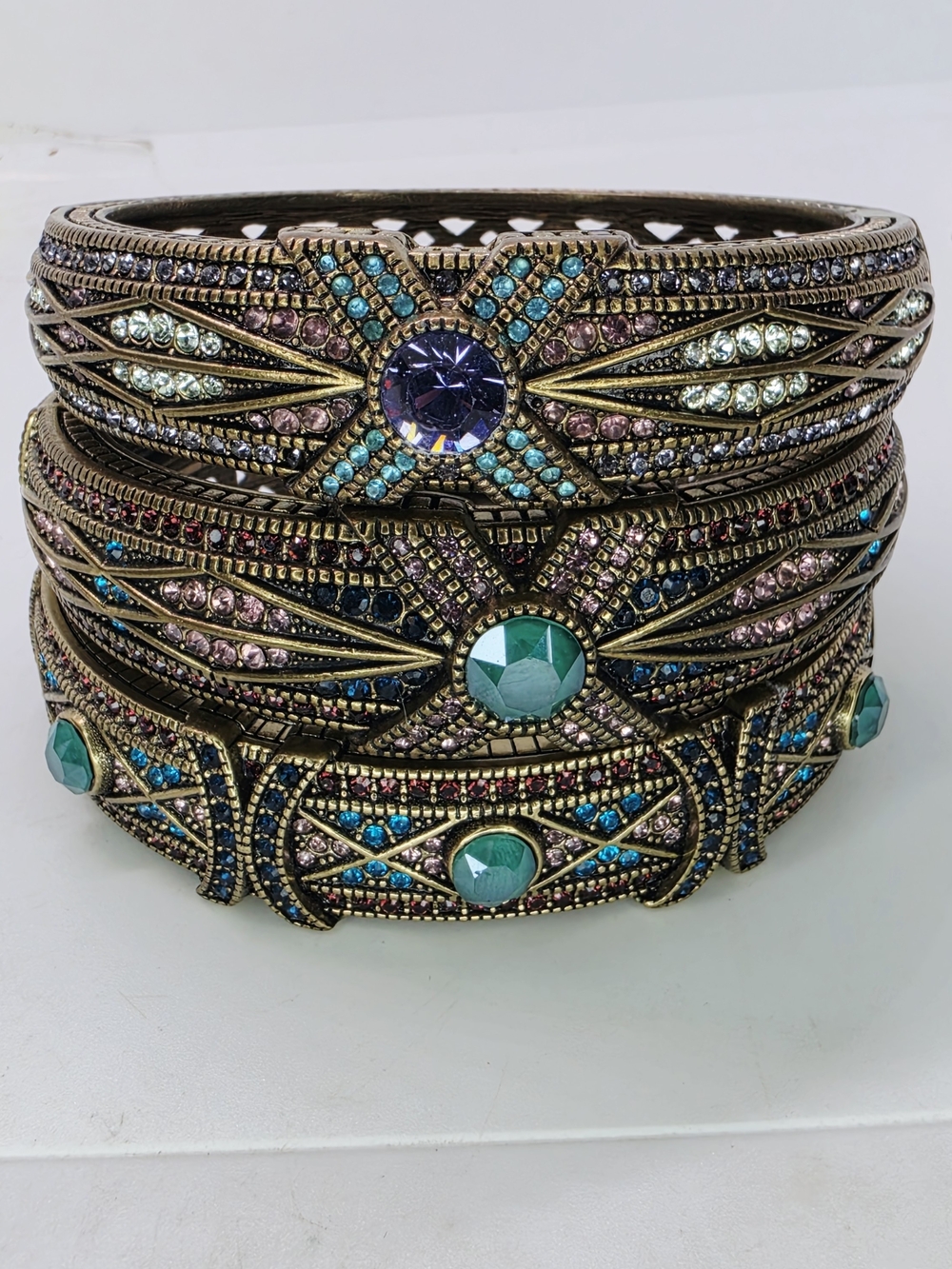 Heidi Daus 3 Bracelet Lot Aqua Turquoise Purple Tapered X Deco Hinged Cuff Stack